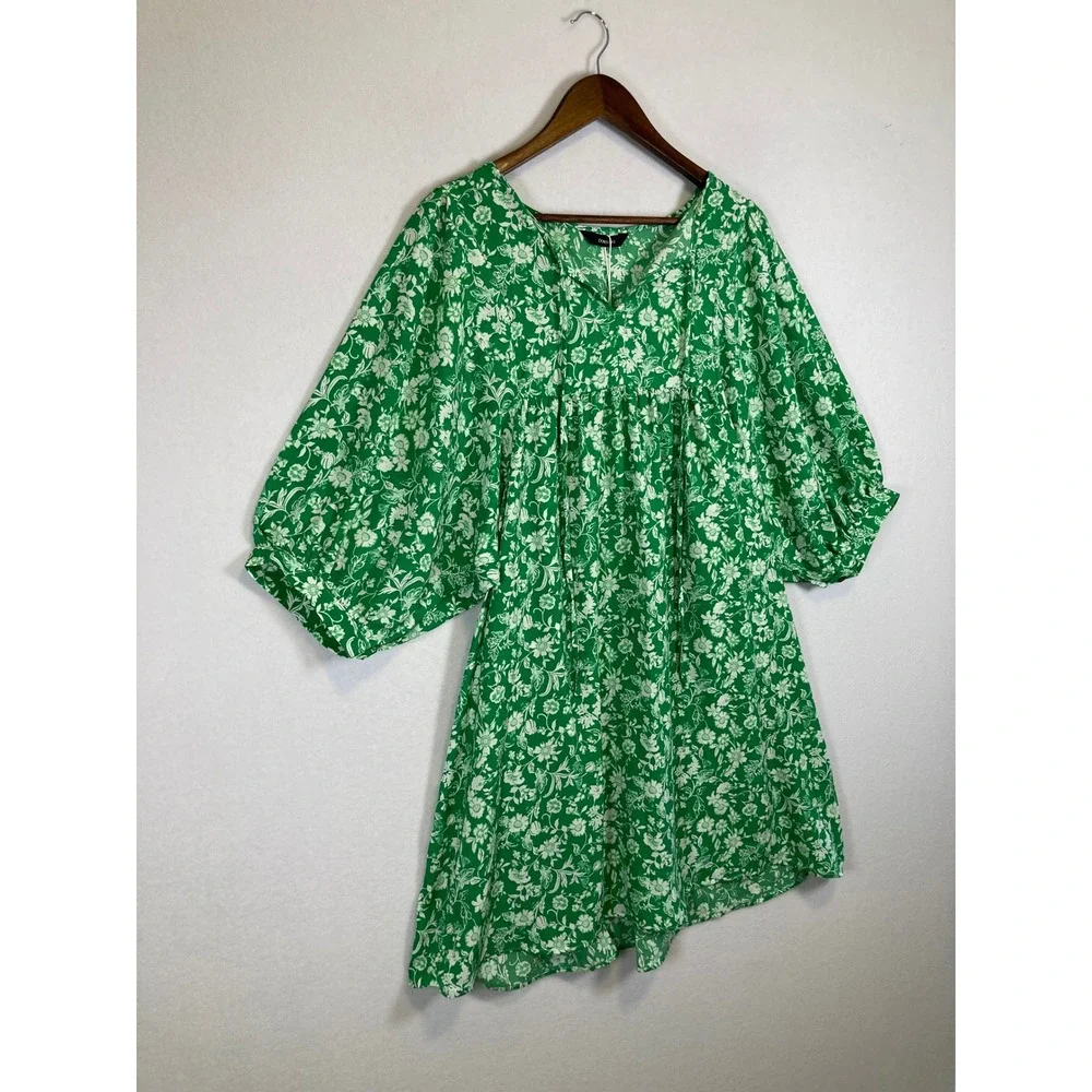 Cottagecore Dokotoo Women Large Green White Floral Puff Sleeve V-Neck Mini Dress - Picture 14 of 14